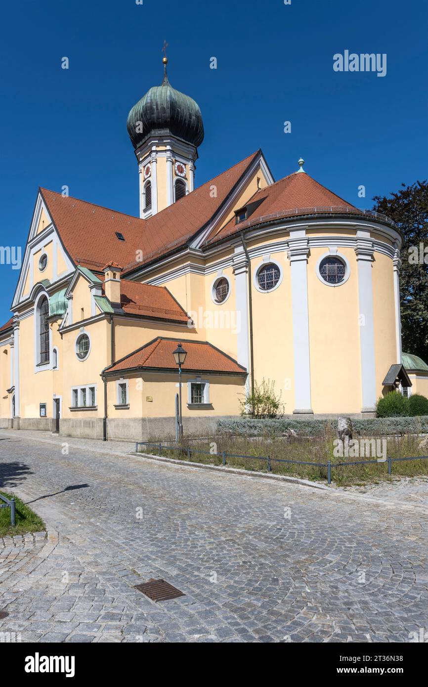 view of st. Nikolaus church apse, shot in bright summer light at Immenstadt,  Allgaeu, Bavaria, Germany Stock Photo