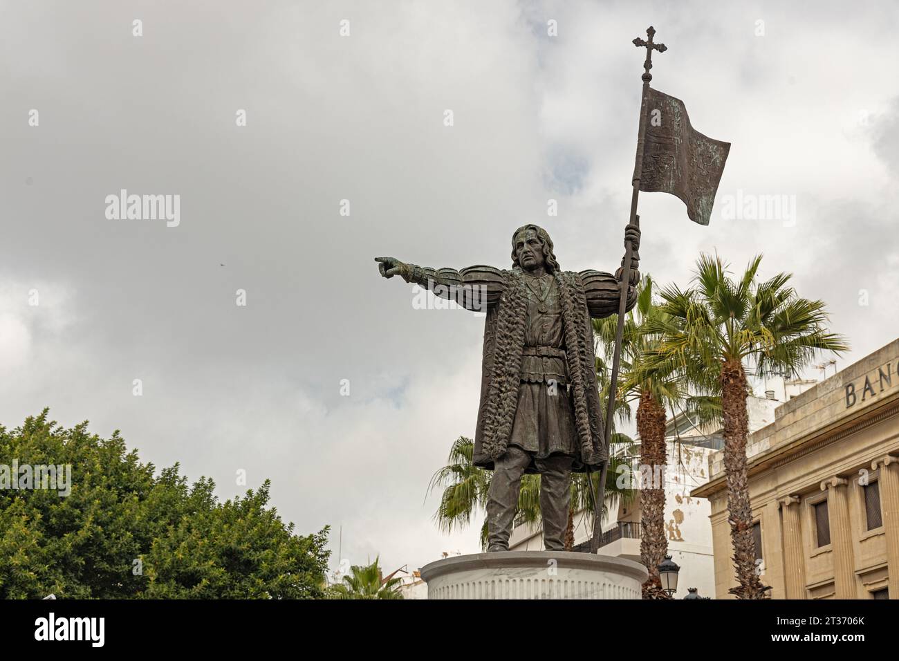 Christopher Columbus statue at Nuns square or in spanish Plaza de las Monjas in Huelva in Andalusia Stock Photo