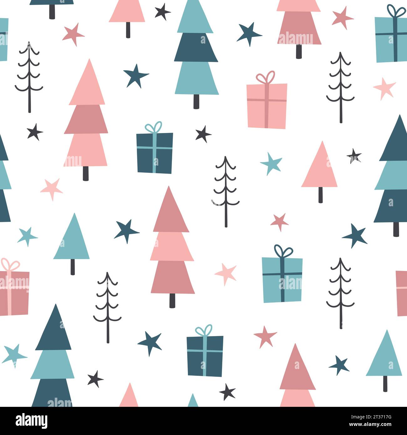 Winter seamless pattern. Christmas background with trees, gift box and ...