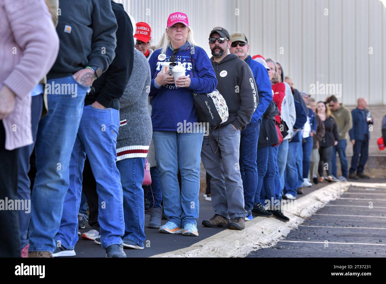 Derry, USA. 23rd Oct, 2023. Suppporters waits in line to enter a Donald Trump campaign event in Derry, New Hampshire. on Monday, October 23, 2023. (Photo by Josh Reynolds/Sipa USA) Credit: Sipa USA/Alamy Live News Stock Photo