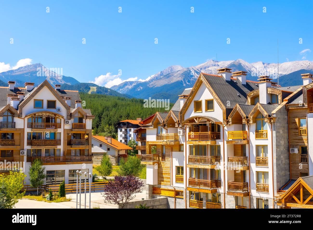 Bansko, Bulgaria summer view with houses and Pirin peaks panorama Stock ...