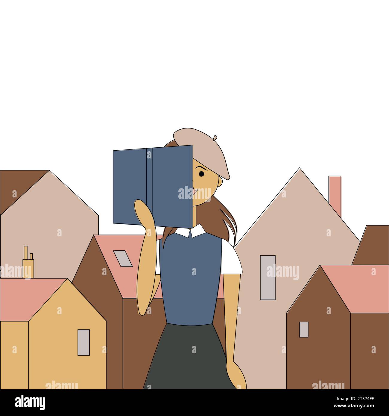 Concept: book is source of knowledge.Cute girl reading book on background of old town - houses with colorful roofs in cartoon style.Vector Stock Vector