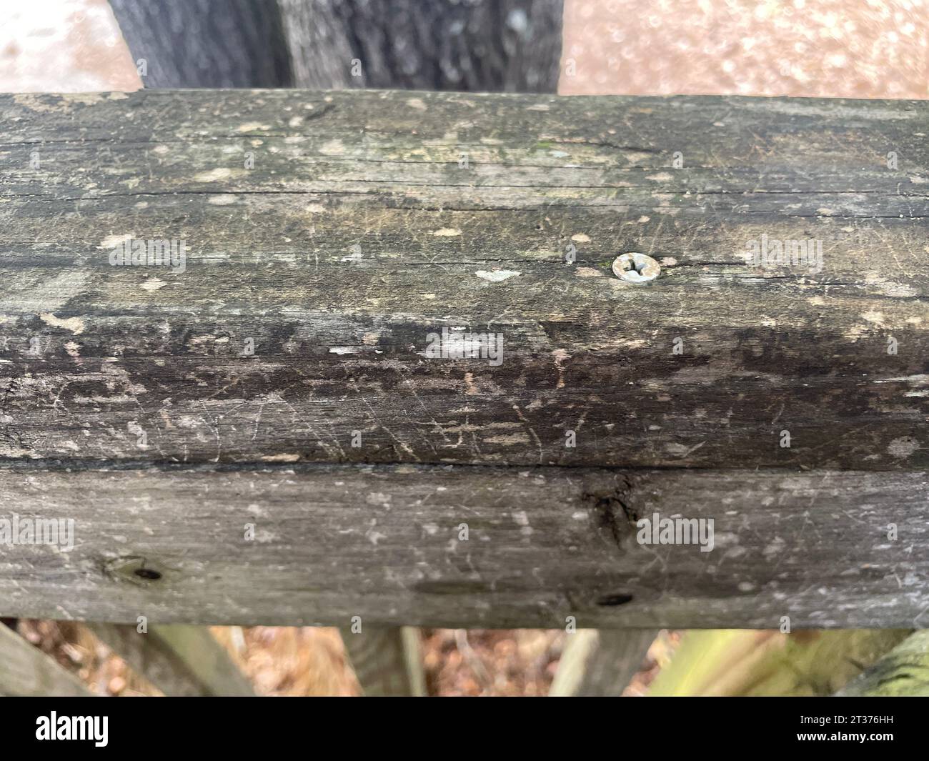 Weathered wooden rustic old ledge on a deck outdoors close up Stock Photo