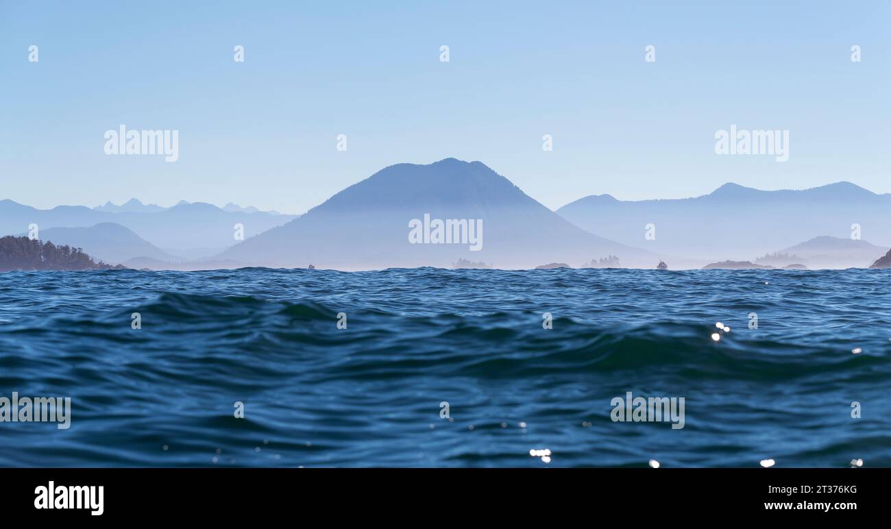 Pacific Ocean panorama landscape on whale watching tour, Tofino, Vancouver Island, British Columbia, Canada. Stock Photo