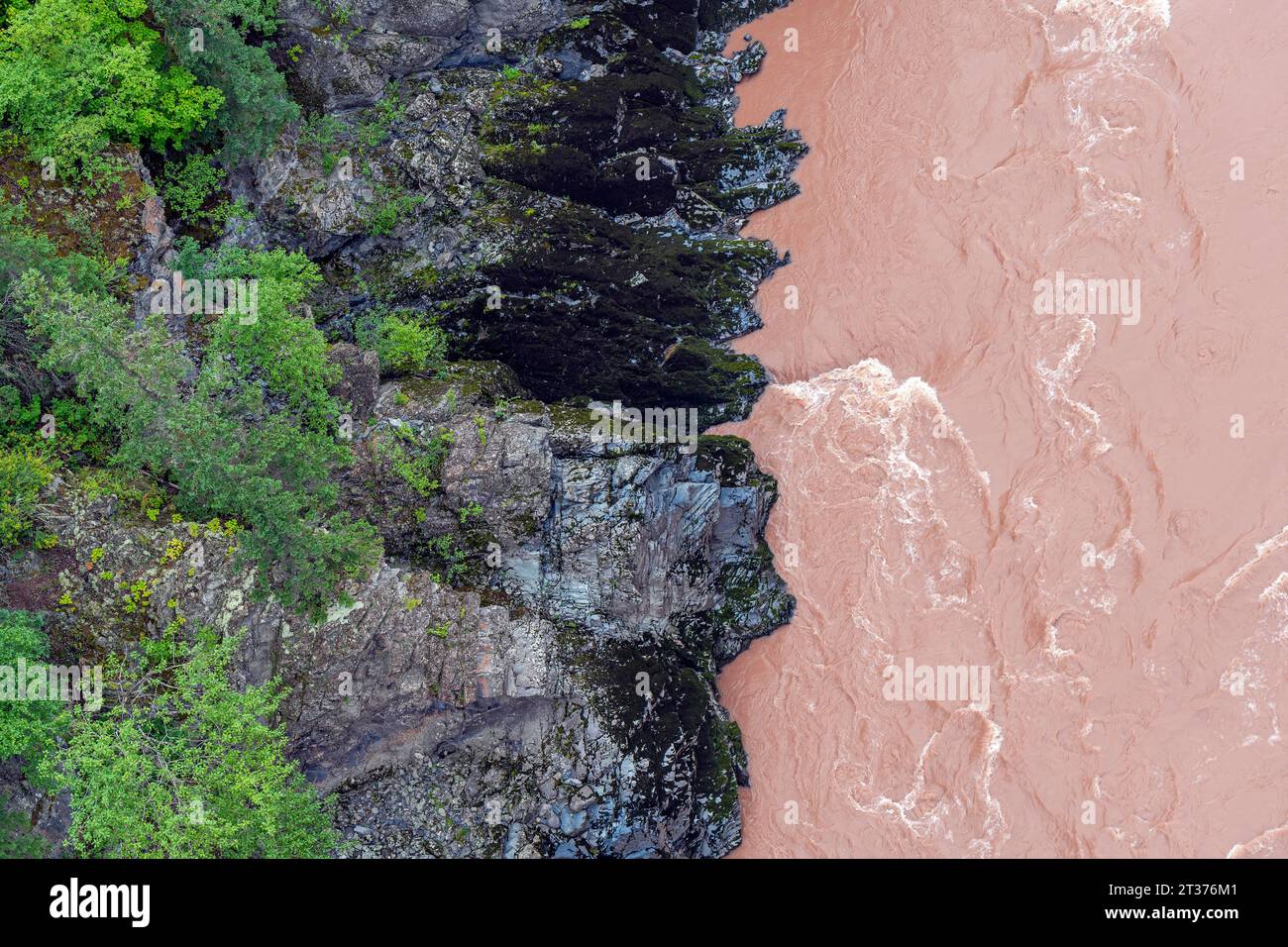 Aerial view of the Bulkley River by Hagwilget Canyon Suspension Bridge, Hagwilget, British Columbia, Canada. Stock Photo