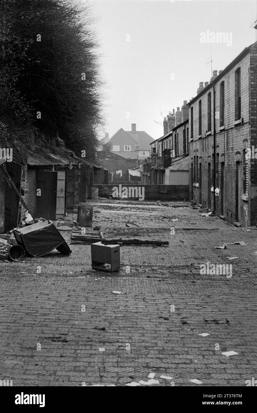 Outside toilets and backyards of Victorian terraced houses awaiting demolition during the slum clearance of St Ann's, Nottingham. 1969-1972 Stock Photo