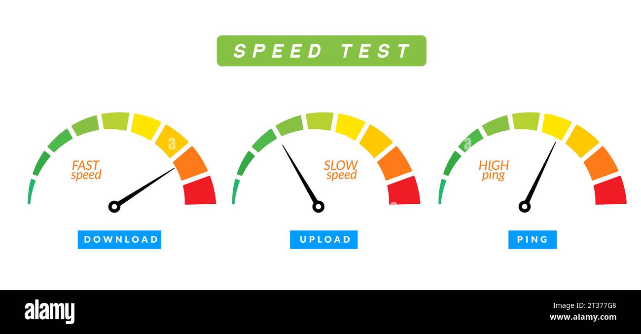 Speed test internet measure. Speedometer icon fast upload download rating. Quick level tachometer accelerate. Stock Vector
