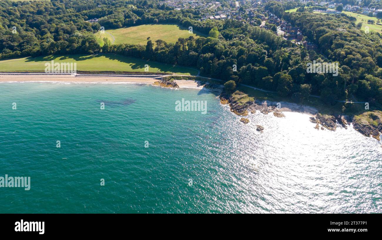 Aerial view on coast of sea at sunset in Helens Bay, Northern Ireland, UK. Stock Photo