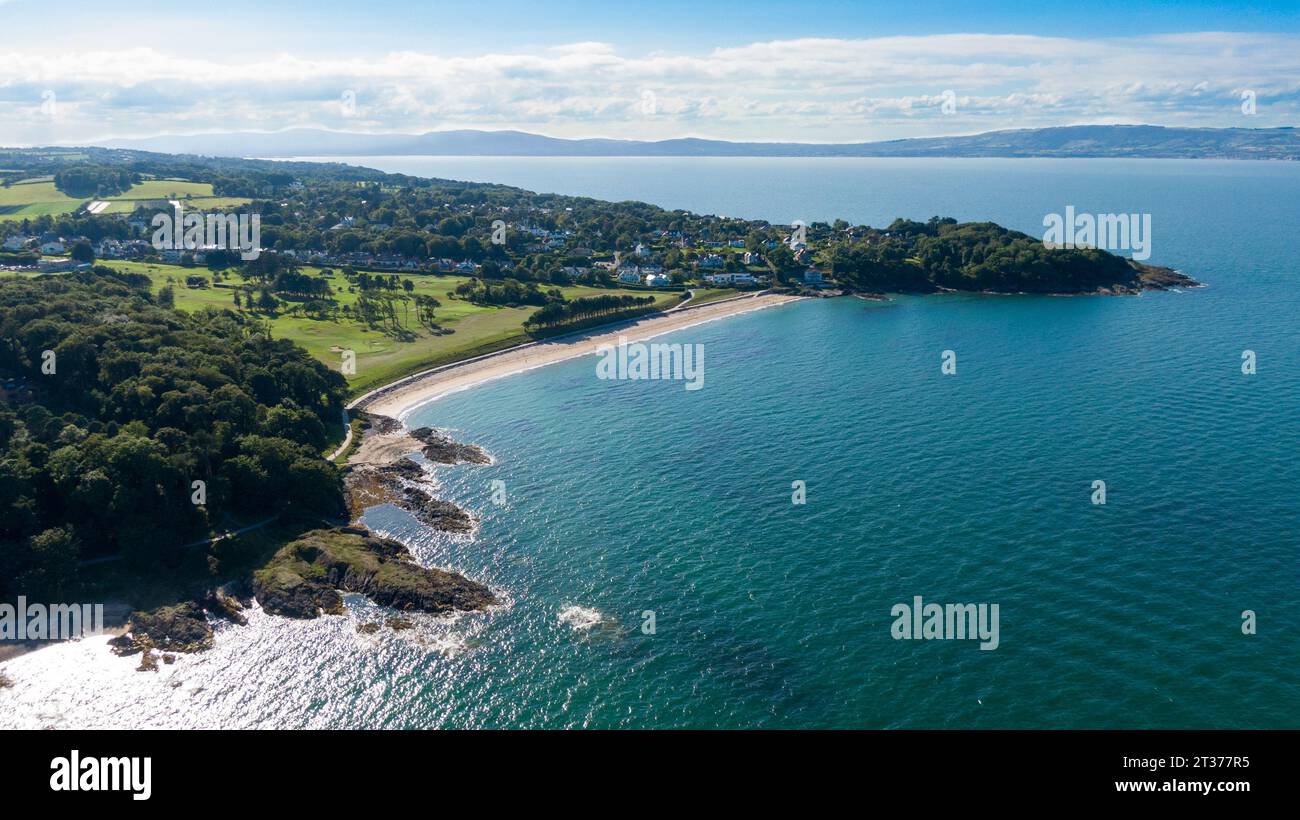 Aerial view on coast of sea at sunset in Helens Bay, Northern Ireland, UK. Stock Photo