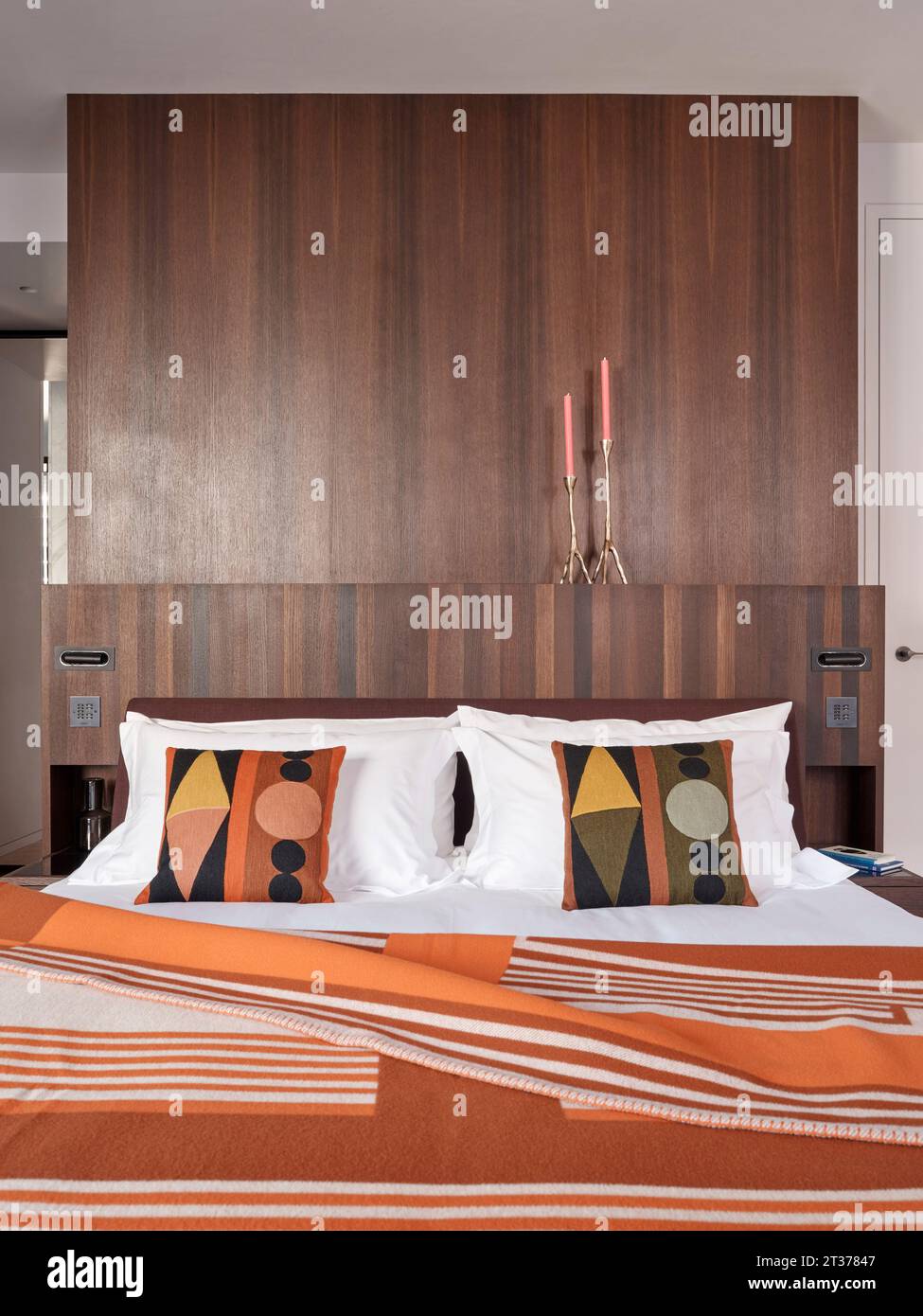 Bedroom detail with partition. Mount Row Apartments, London, United