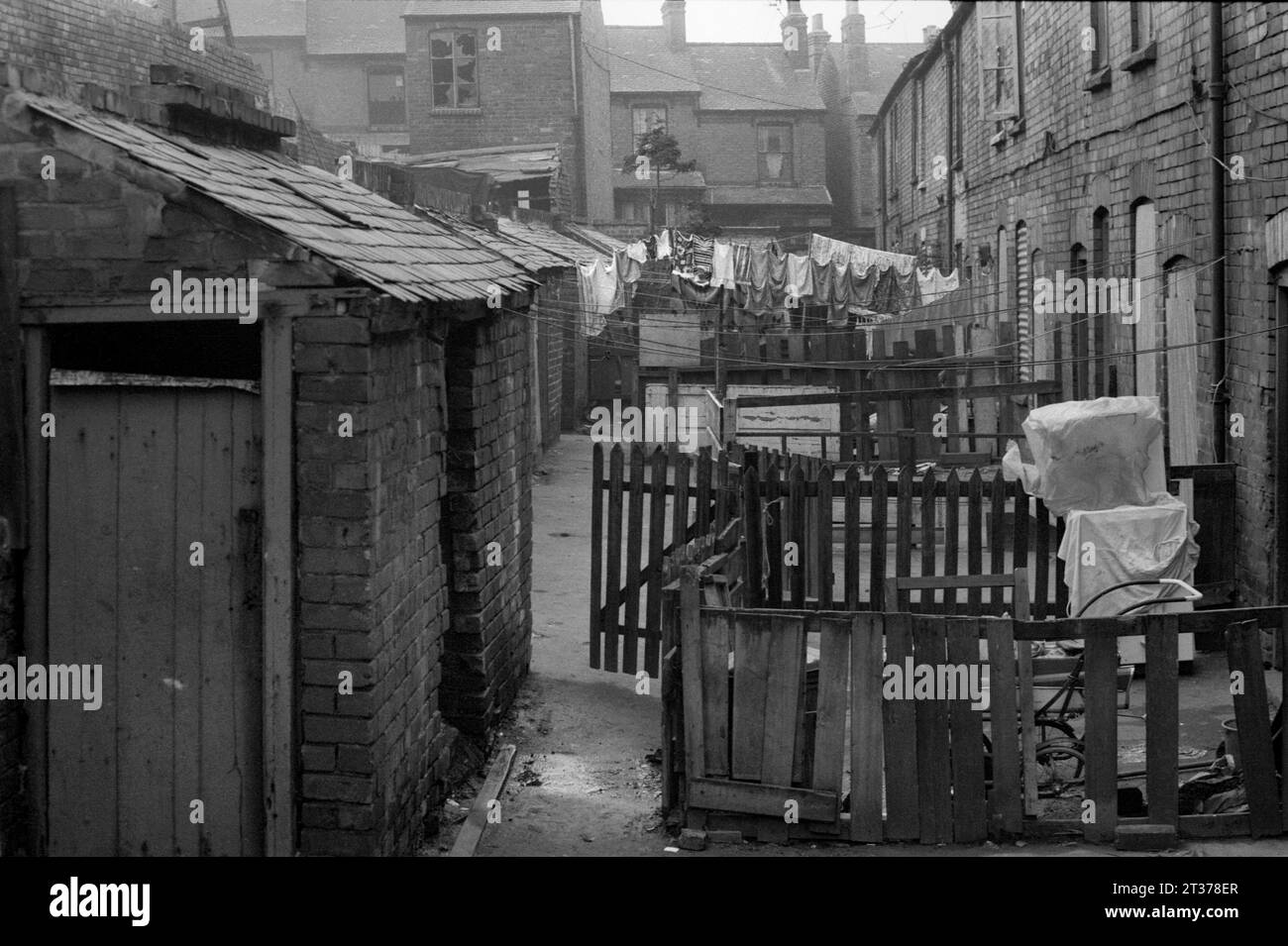 Backyards of houses on Nugent Street looking towards Calcutta Street during the slum clearance and demolition of St Ann's, Nottingham. 1969-1972 Stock Photo