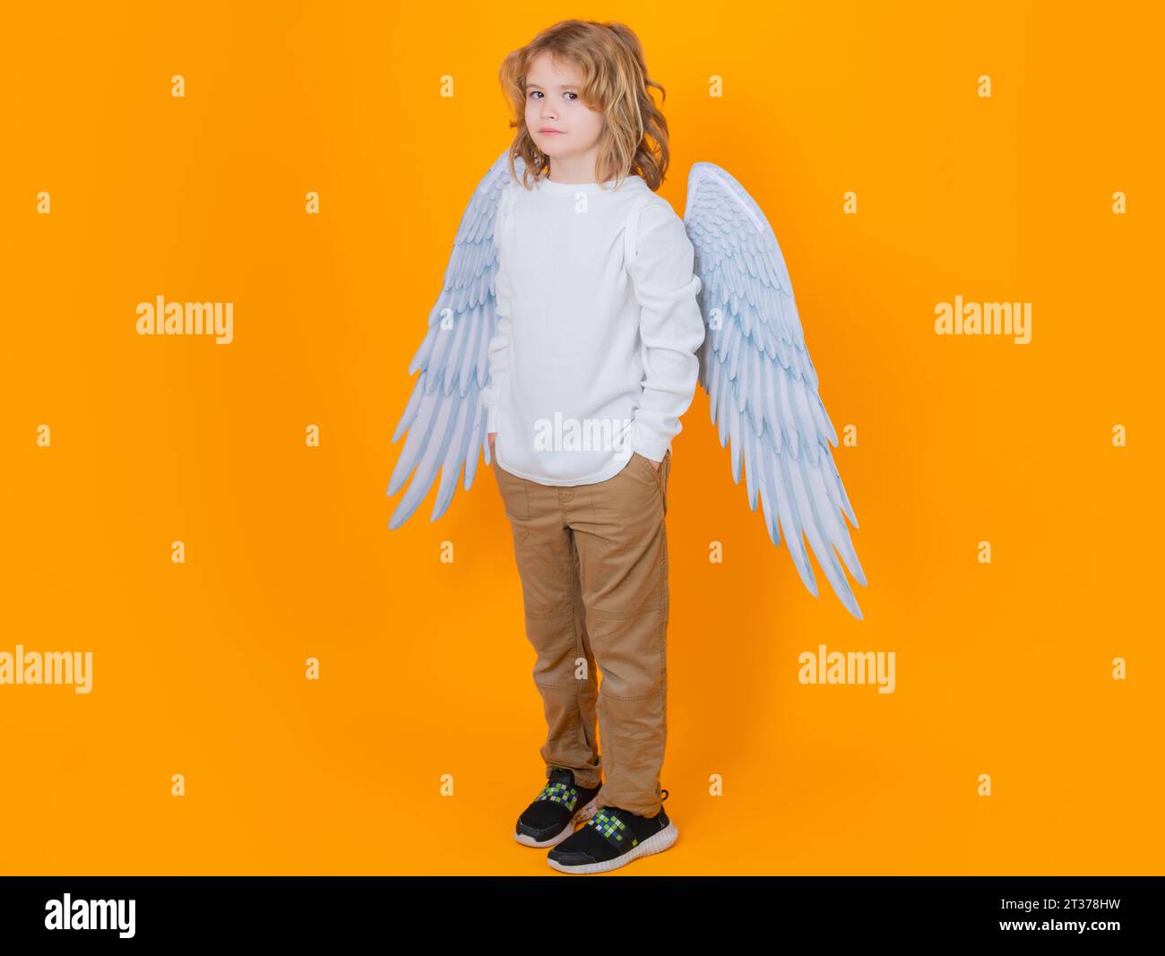 Angel child. Isolated studio shot. Cute kid with angel wings. Cupid, valentines day concept Stock Photo