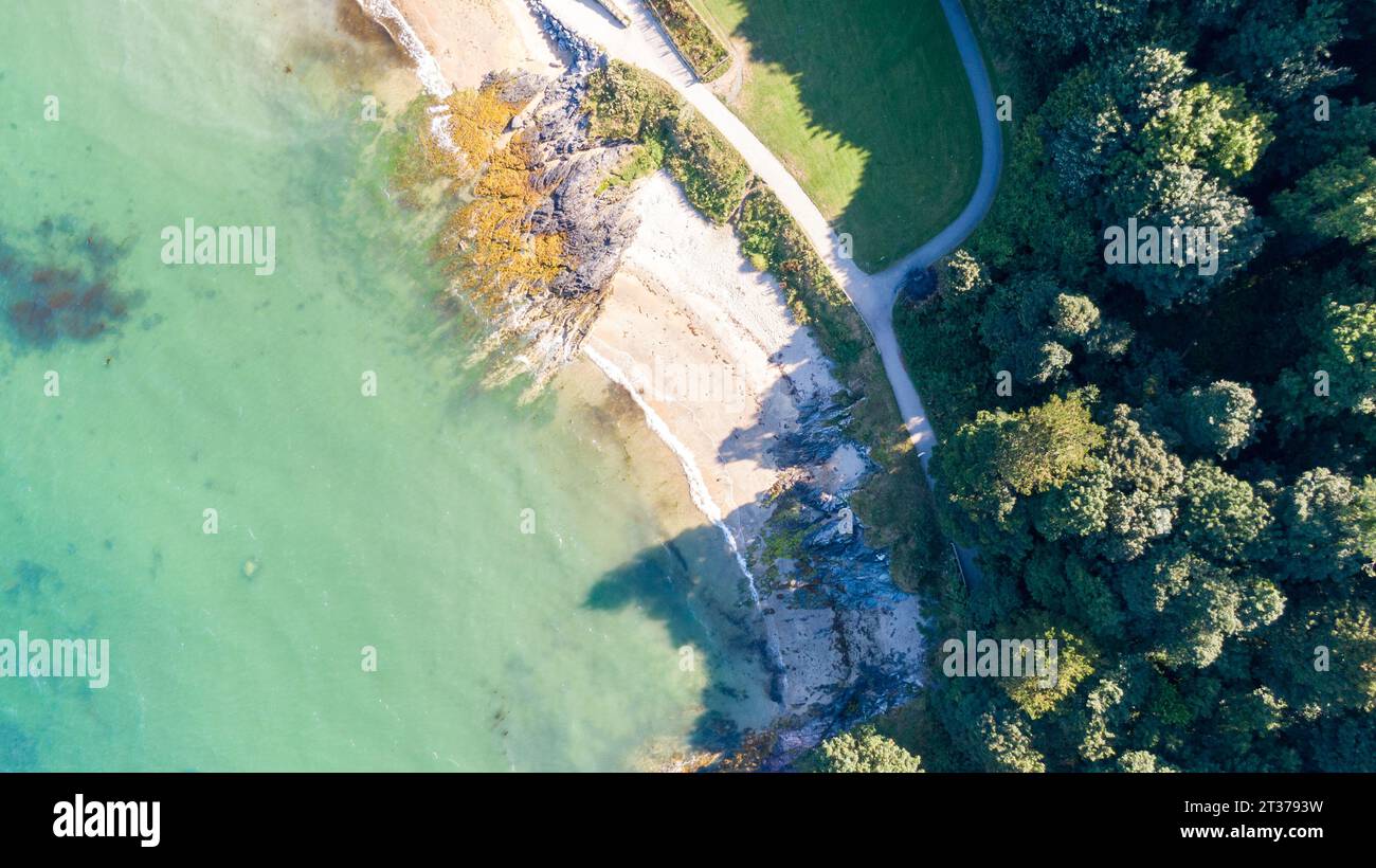 Aerial view on coast of sea at sunset in Helens Bay, Northern Ireland, UK. Stock Photo