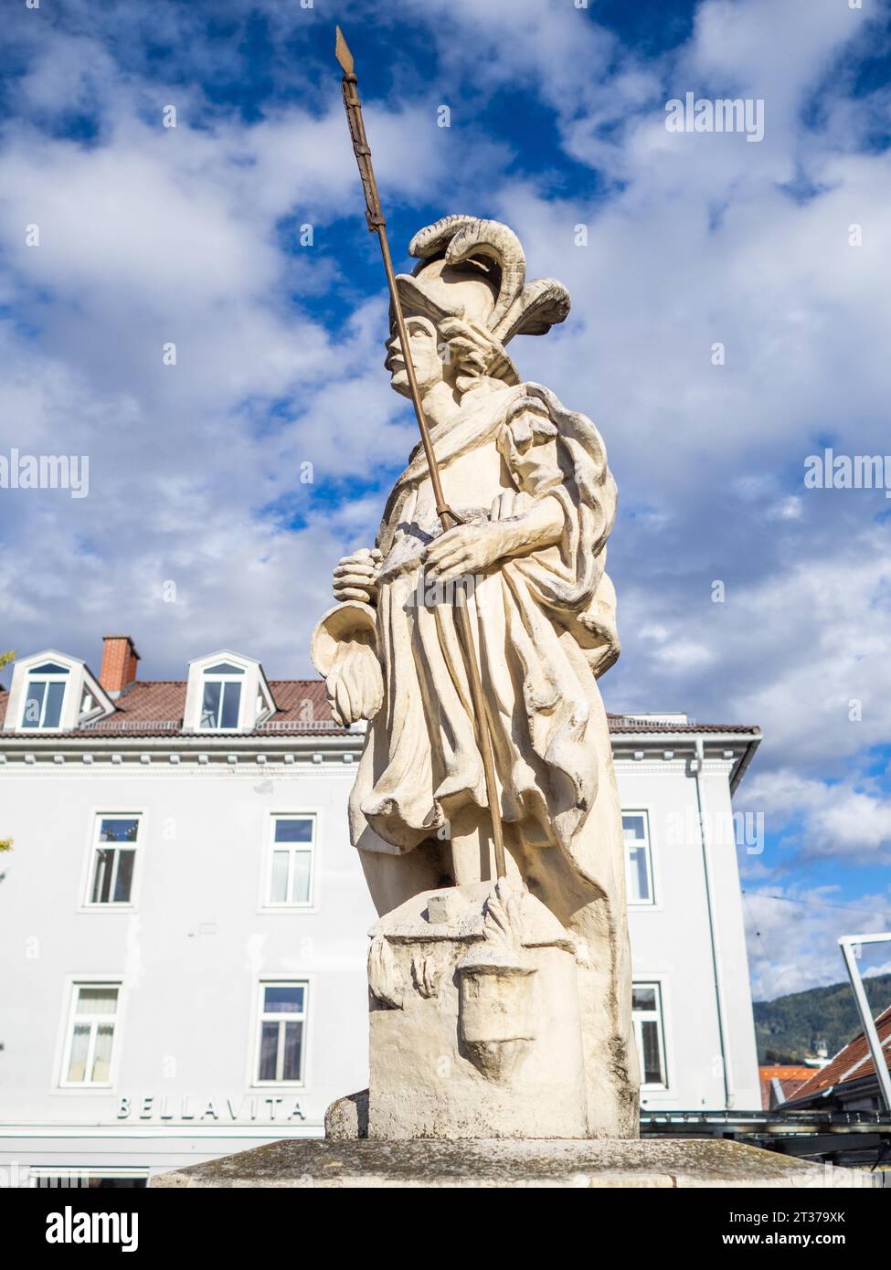 Figure of a saint, sculpture, Saint Florian, detail from the plague column column on the main square, Bruck an der Mur, Styria, Austria Stock Photo