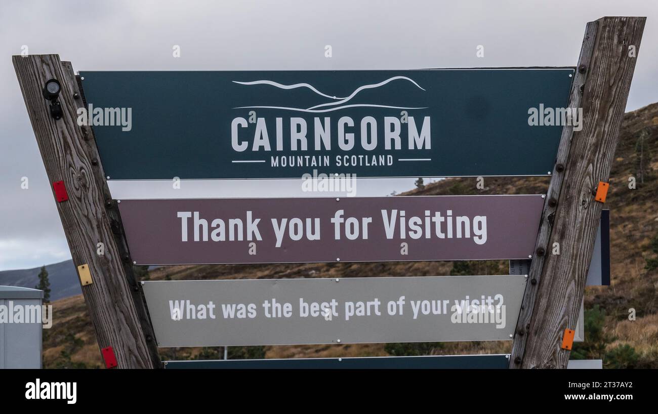 The image is of the Cairngorm Visitors Centre signboard in the Cairngorm mountains of the Scottish Highlands at the head of Glen Mhor near Aviemore Stock Photo
