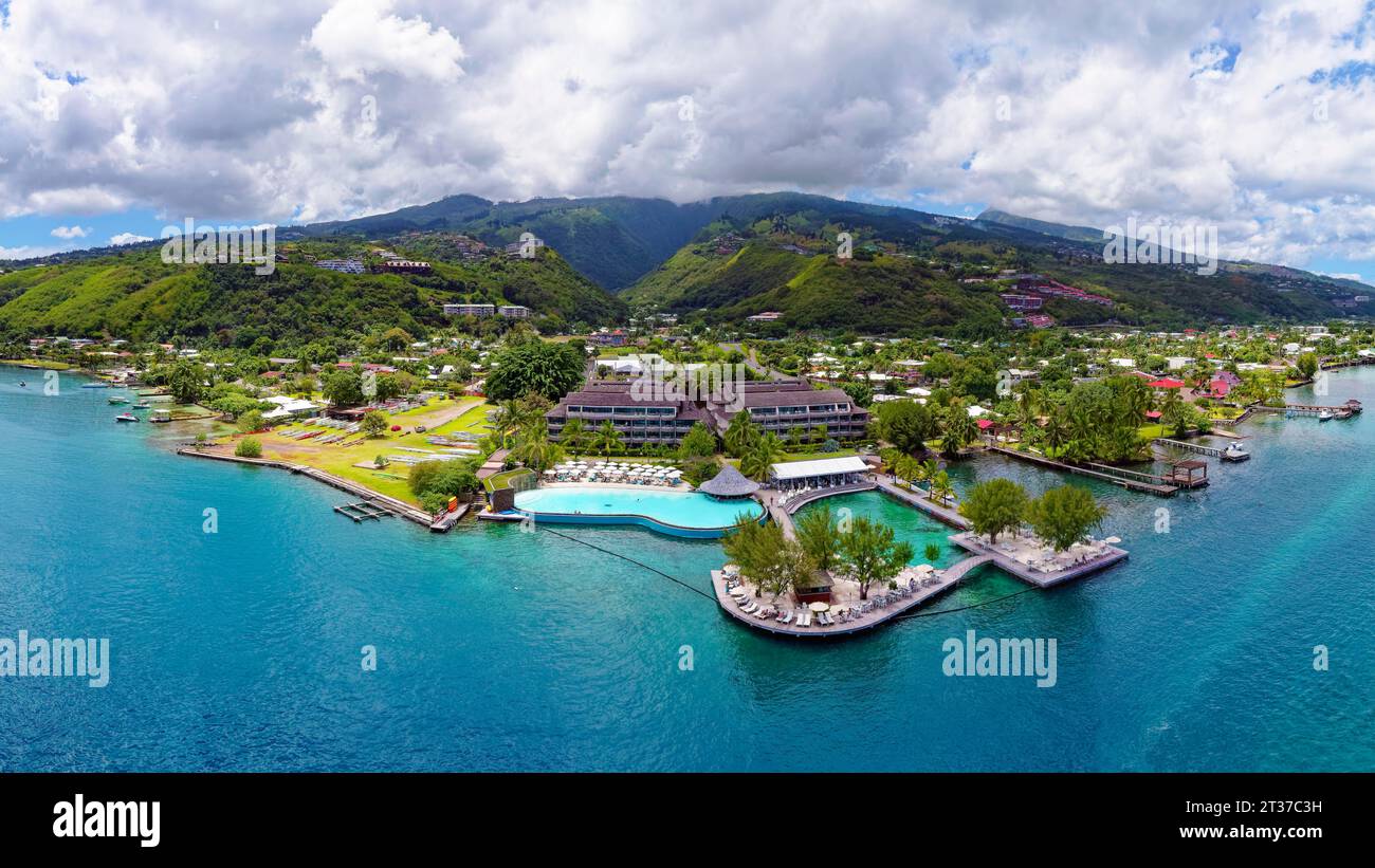 Panorama, Aerial view, Northwest coast, Te Moana Tahiti Resort, Tahiti-Nui, Society Islands, Leeward Islands, French Polynesia Stock Photo