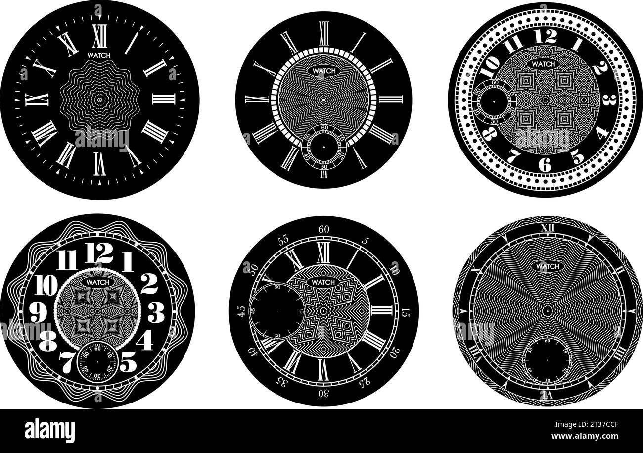 Clock face blank set isolated on white background. Vector watch design. Vintage roman numeral