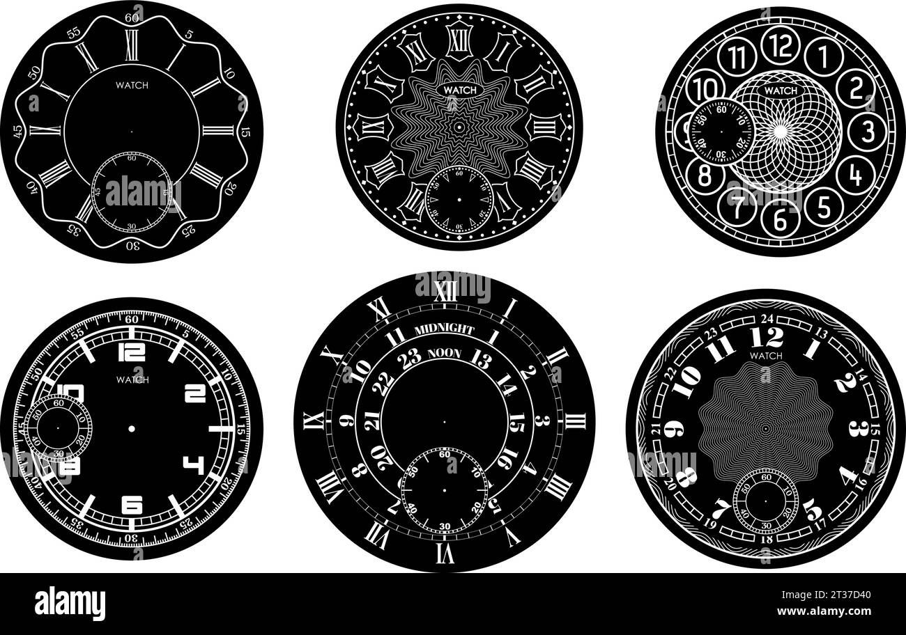 Clock face blank set isolated on white background. Vector watch design. Vintage roman numeral