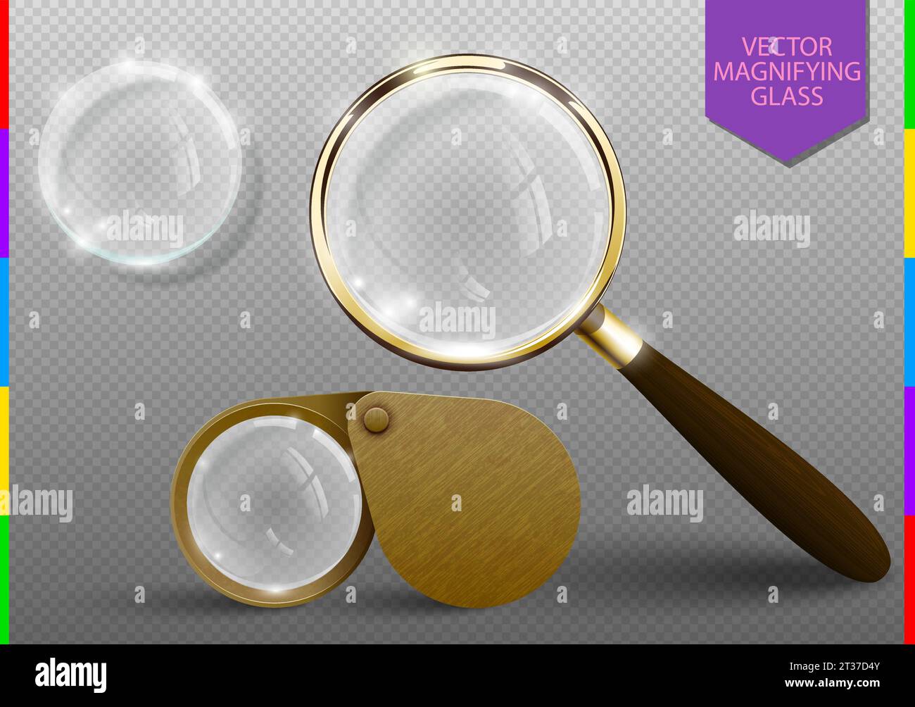Realistic classic retro magnifying glass set. Vector Magnifier lens