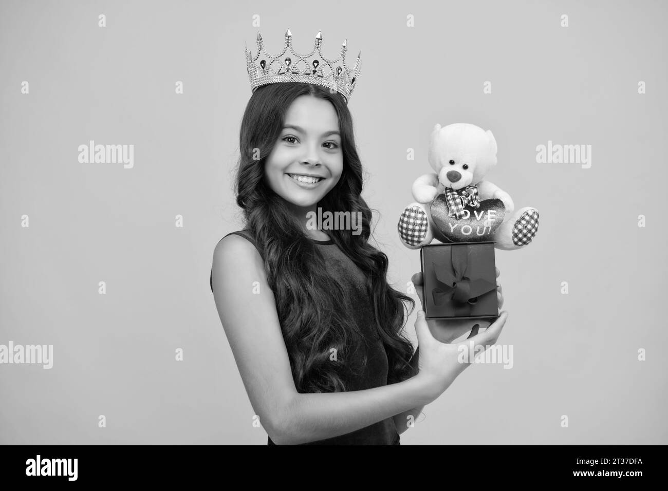 Birthday kids prom party. Girls party, funny kid in crown. Child queen