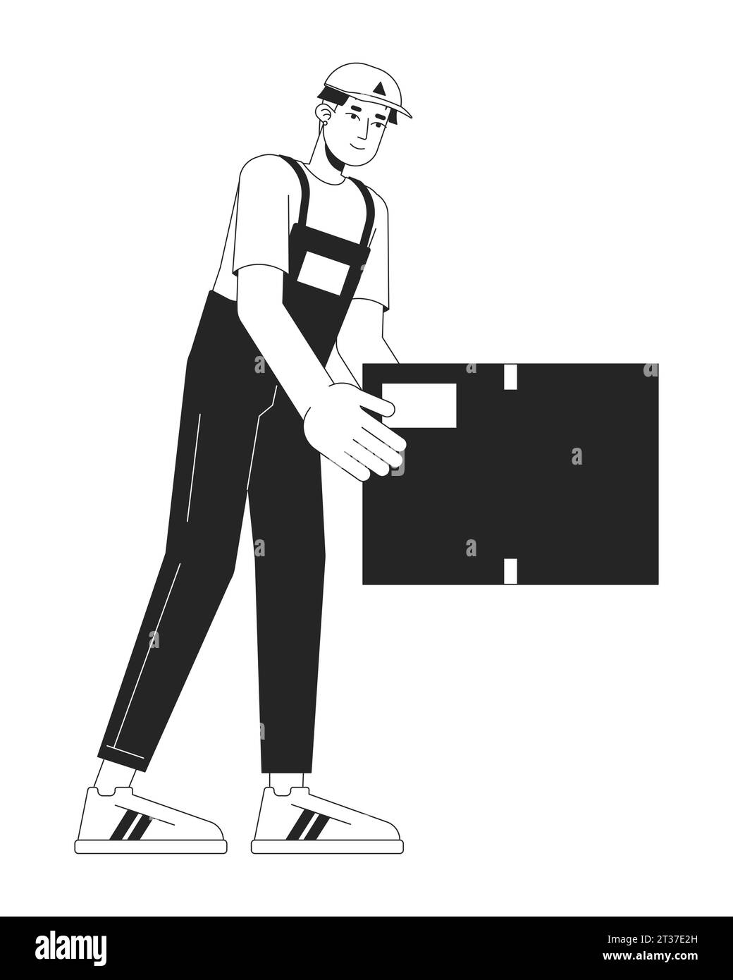 Young asian delivery man putting down box black and white 2D line