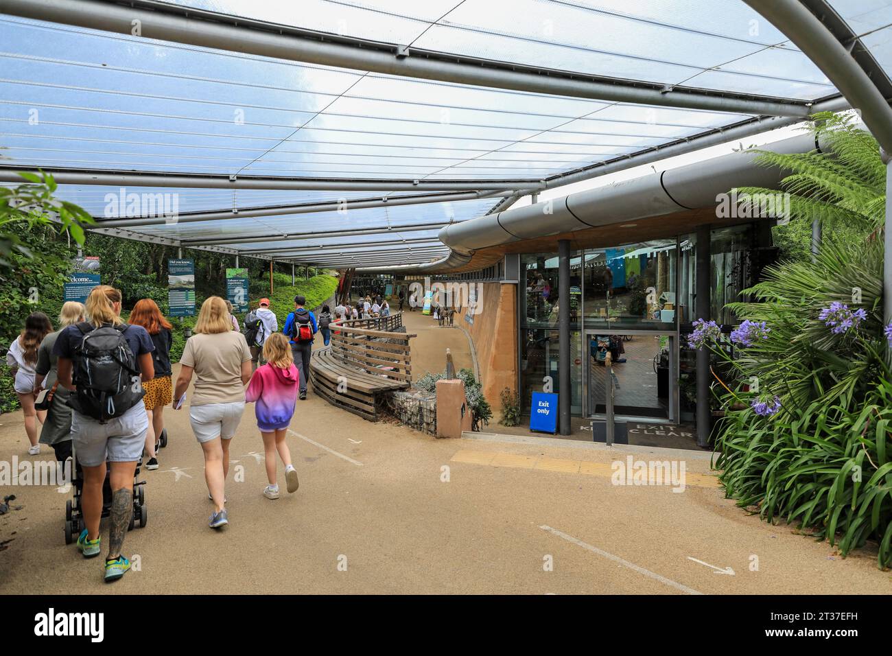 The entrance to the Eden Project, a visitor attraction near St Austell, Cornwall, England, United Kingdom UK Stock Photo