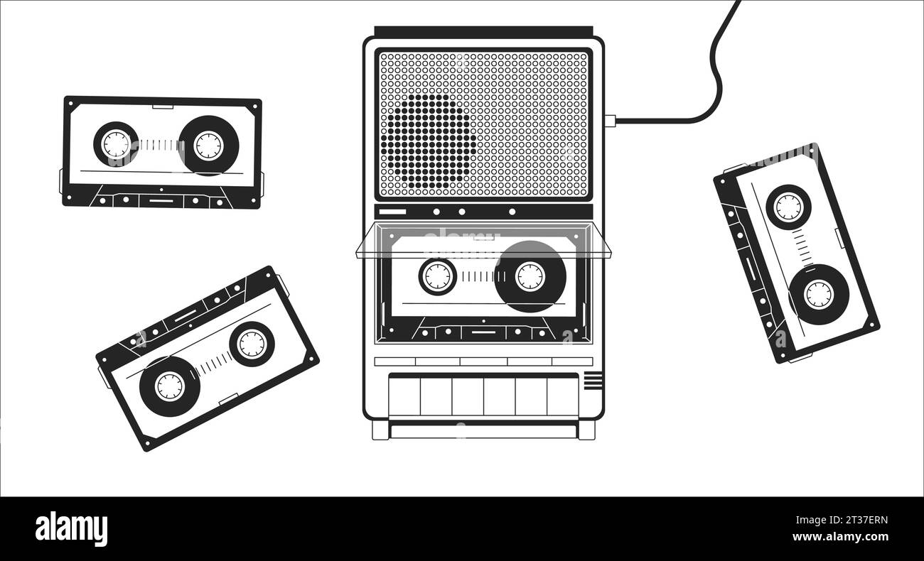 Old fashioned player cassette tapes black and white lofi wallpaper Stock Vector