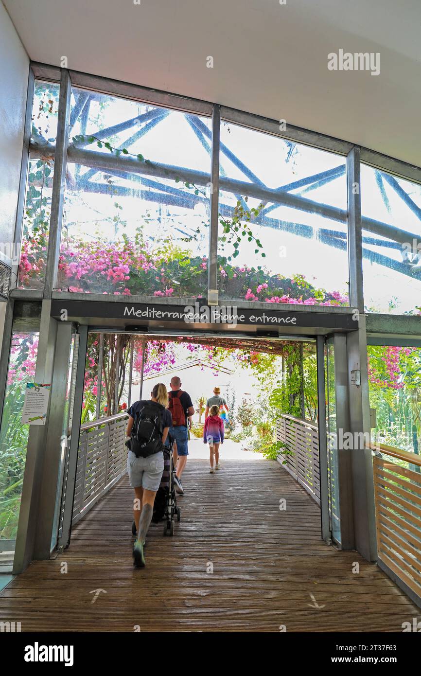 The entrance doorway to the Mediterranean Biome at the Eden Project, a visitor attraction near St Austell, Cornwall, England, United Kingdom UK Stock Photo