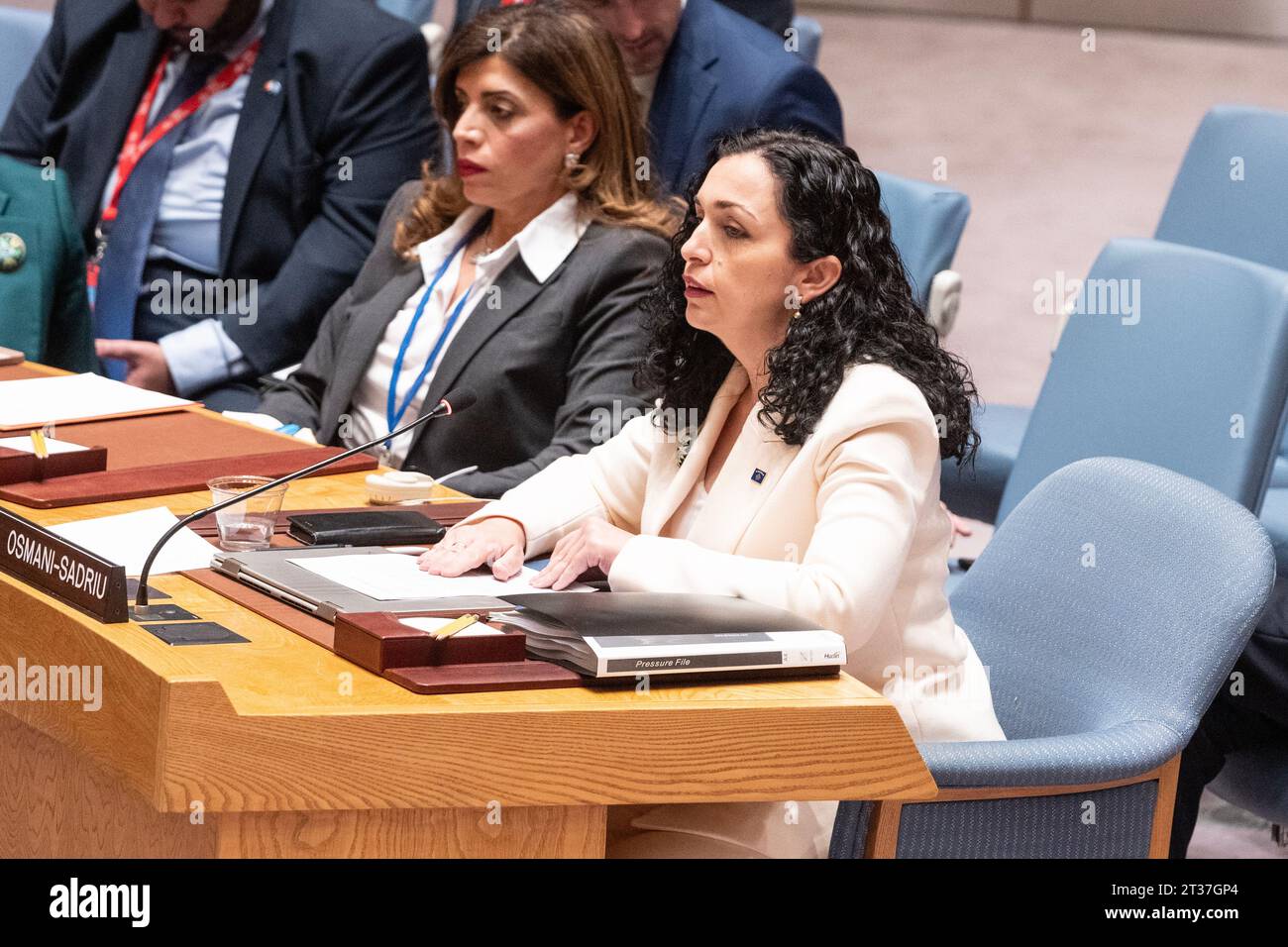 President of Kosovo Vjosa OsmaniSadriu speaks during Security Council