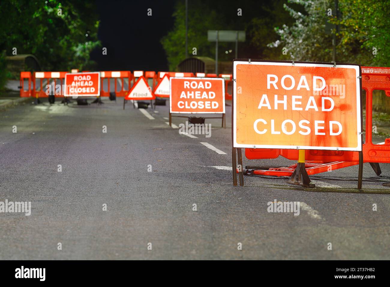 Road Ahead Closed & Flood signs & barriers erected on Barnsdale Road, Castleford,West Yorkshire