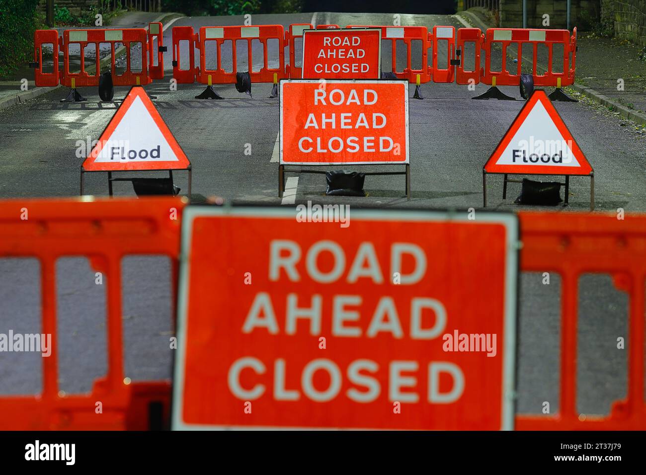Road Ahead Closed & Flood signs & barriers erected on Barnsdale Road, Castleford,West Yorkshire