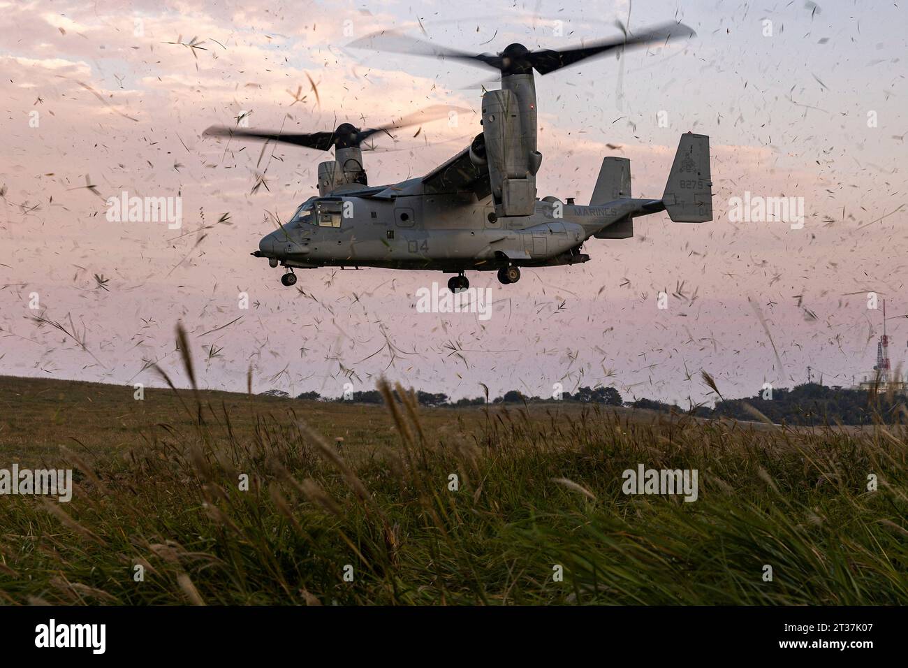Beppu, Japan. 19th Oct, 2023. A U.S. Marines MV-22 Osprey tilt-rotor aircraft assigned to Medium Tiltrotor Squadron 262 kicks up dust as it lands at sunset during Resolute Dragon 23 at Japan Ground Self-Defense Force Jumonjibaru Proving Grounds, October 19, 2023 in Beppu, Kyushu, Japan. Credit: Cpl. Kyle Chan/U.S. Marine Corps/Alamy Live News Stock Photo