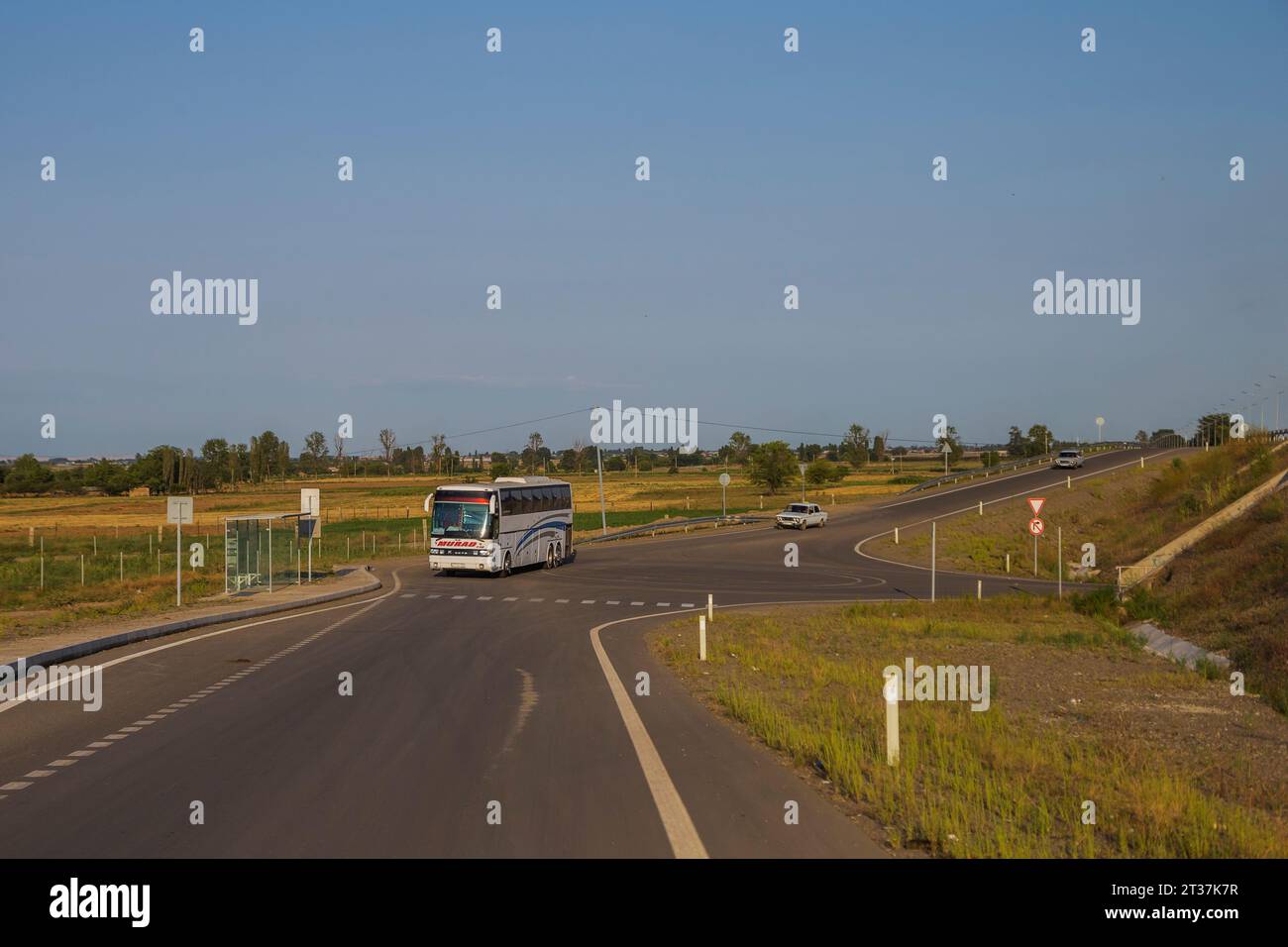 29.07.2023. Azerbaijan, road M2 near Qovlar. Setra S216HDS from Baku to Gazakh. Stock Photo