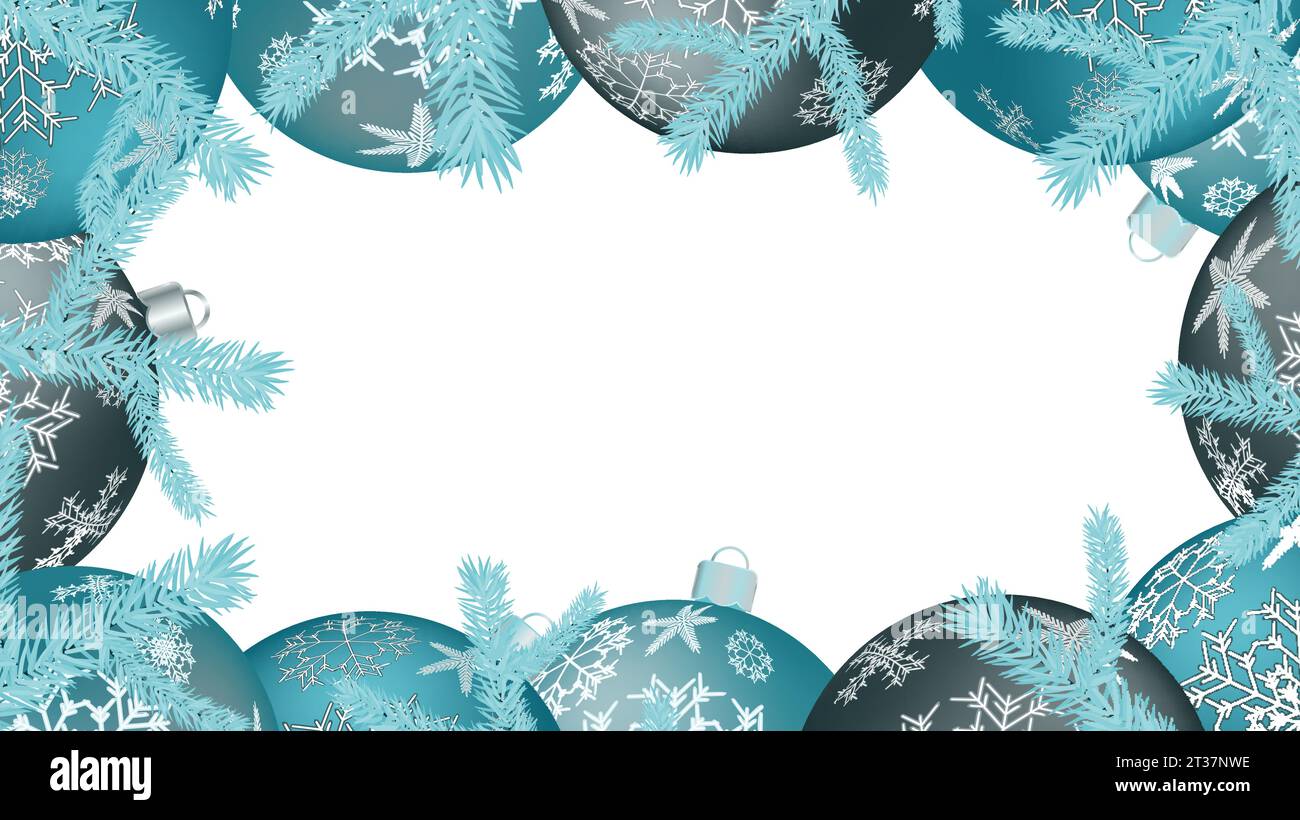 Festive beautiful Christmas winter frame for the New Year from multicolored round balls, Christmas tree decorations with a pattern of snowflakes and f Stock Vector