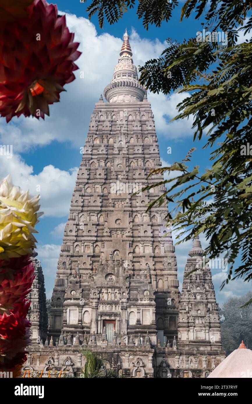 The ancient Mahabodhi Temple marks the location where the Buddha is said to have attained enlightenment in Bodhgaya, Bihar, India. Stock Photo