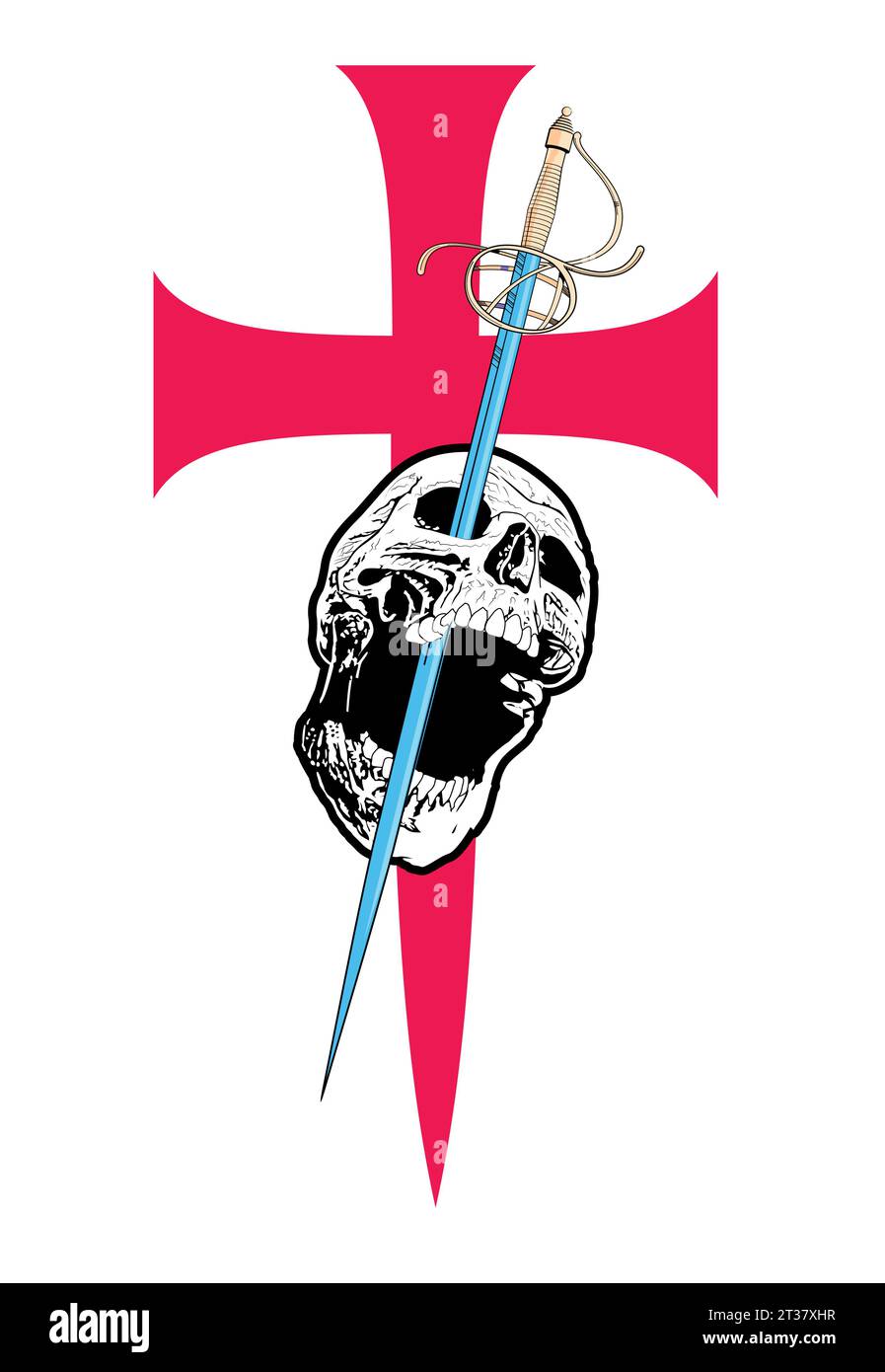 T-shirt design with a skull crossed by a sword on a large medieval cross. Stock Vector