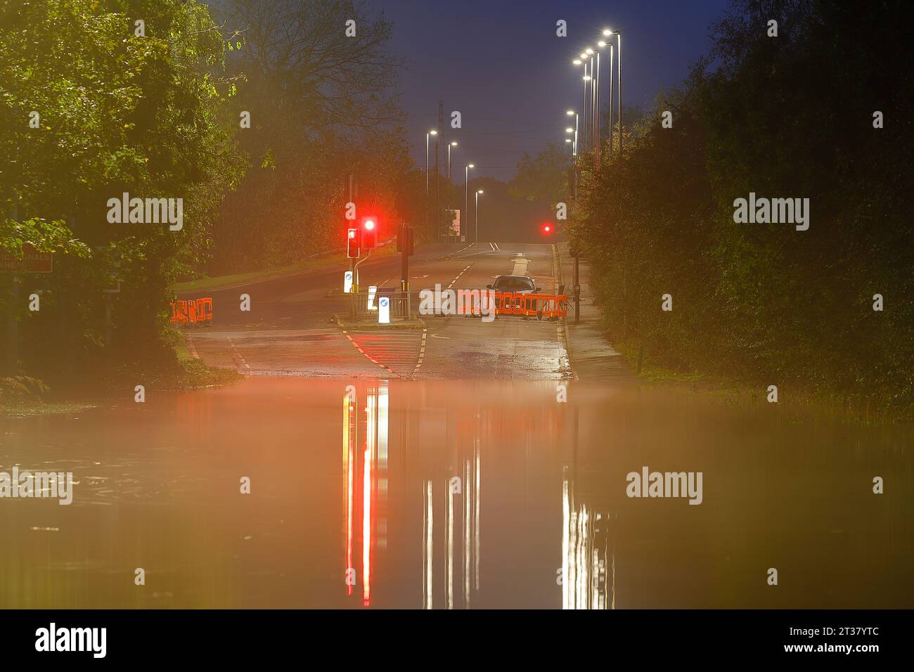 Mist developing over Barnsdale Road in Allerton Bywater,West Yorkshire, after becoming flooded during Storm Babet. Stock Photo