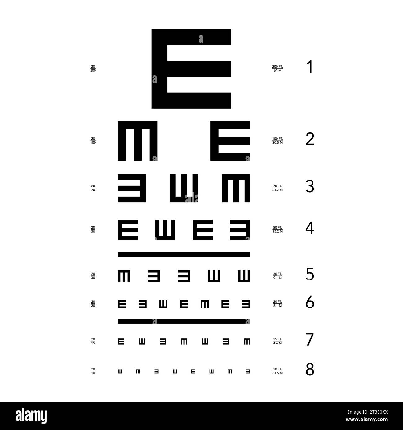 E chart Eye Test Chart tumbling medical illustration. line vector sketch style outline isolated on white background. Vision test board optometrist ophthalmic test for visual examination Stock Vector