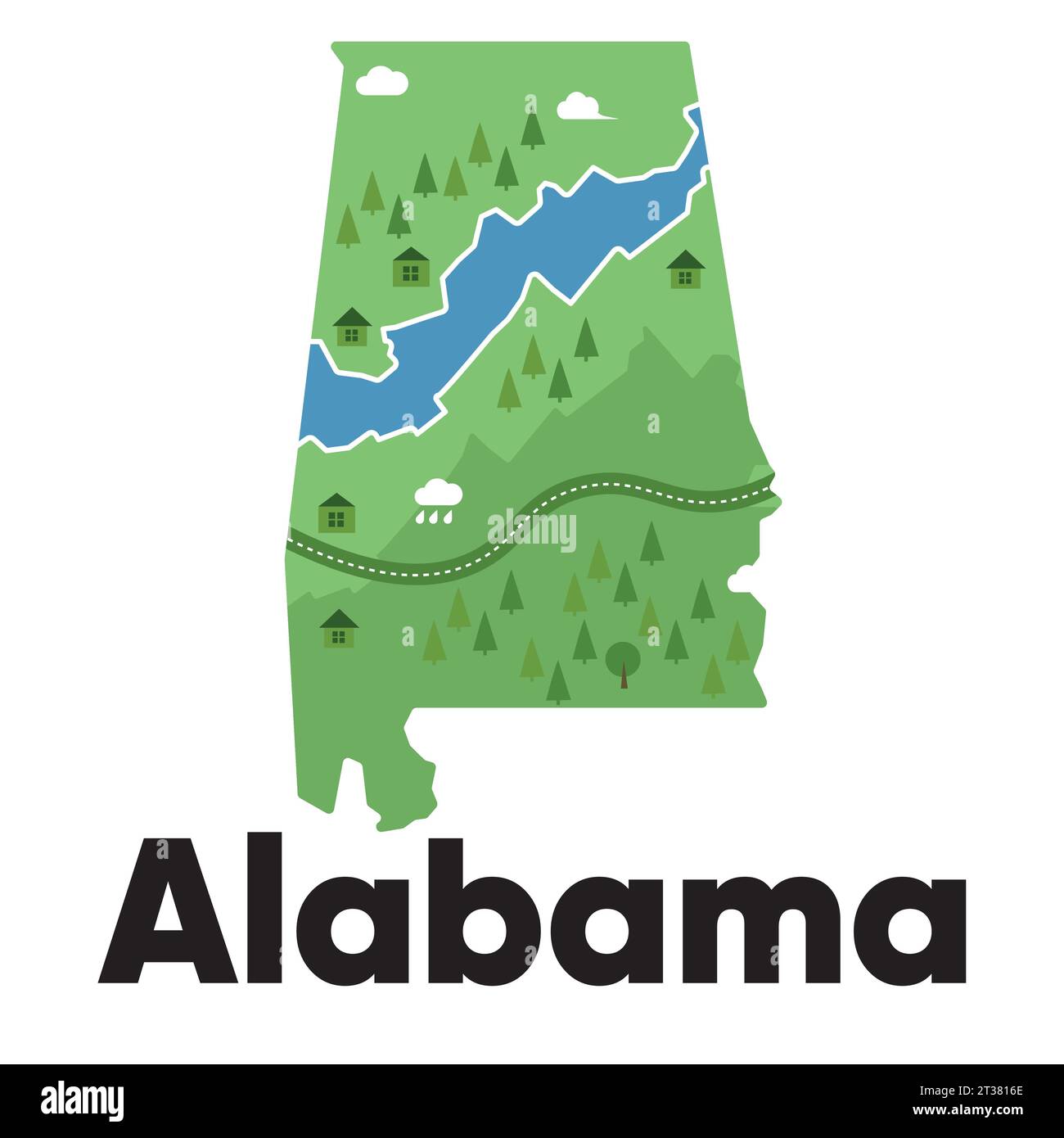Alabama map drawing illustration cartoon style natural graphic forest Stock Vector