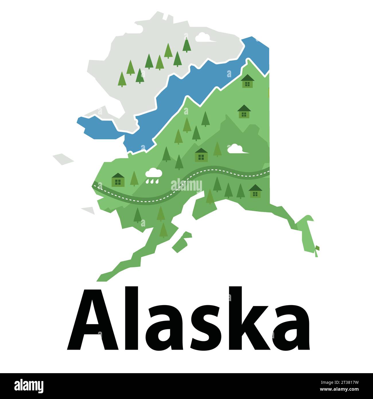 Alaska map drawing illustration cartoon style natural graphic forest Stock Vector