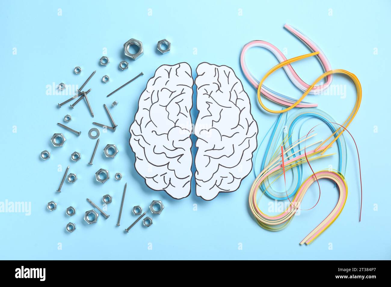 Creativity and logic. Paper brain on light blue background, flat lay ...