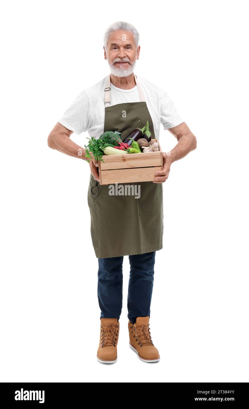 Harvesting season. Farmer holding wooden crate with vegetables on white ...