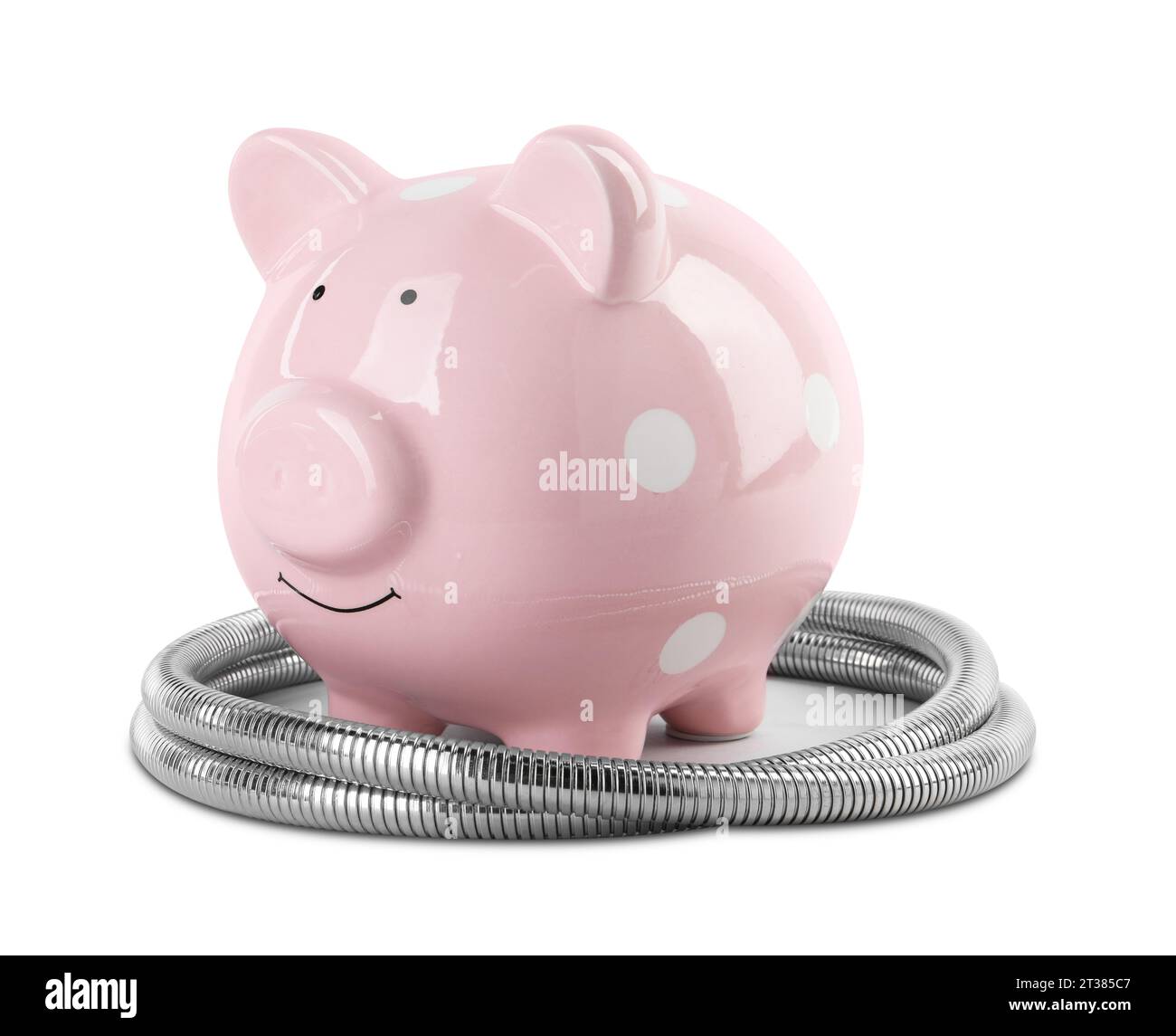 Water scarcity concept. Piggy bank and shower hose isolated on white ...