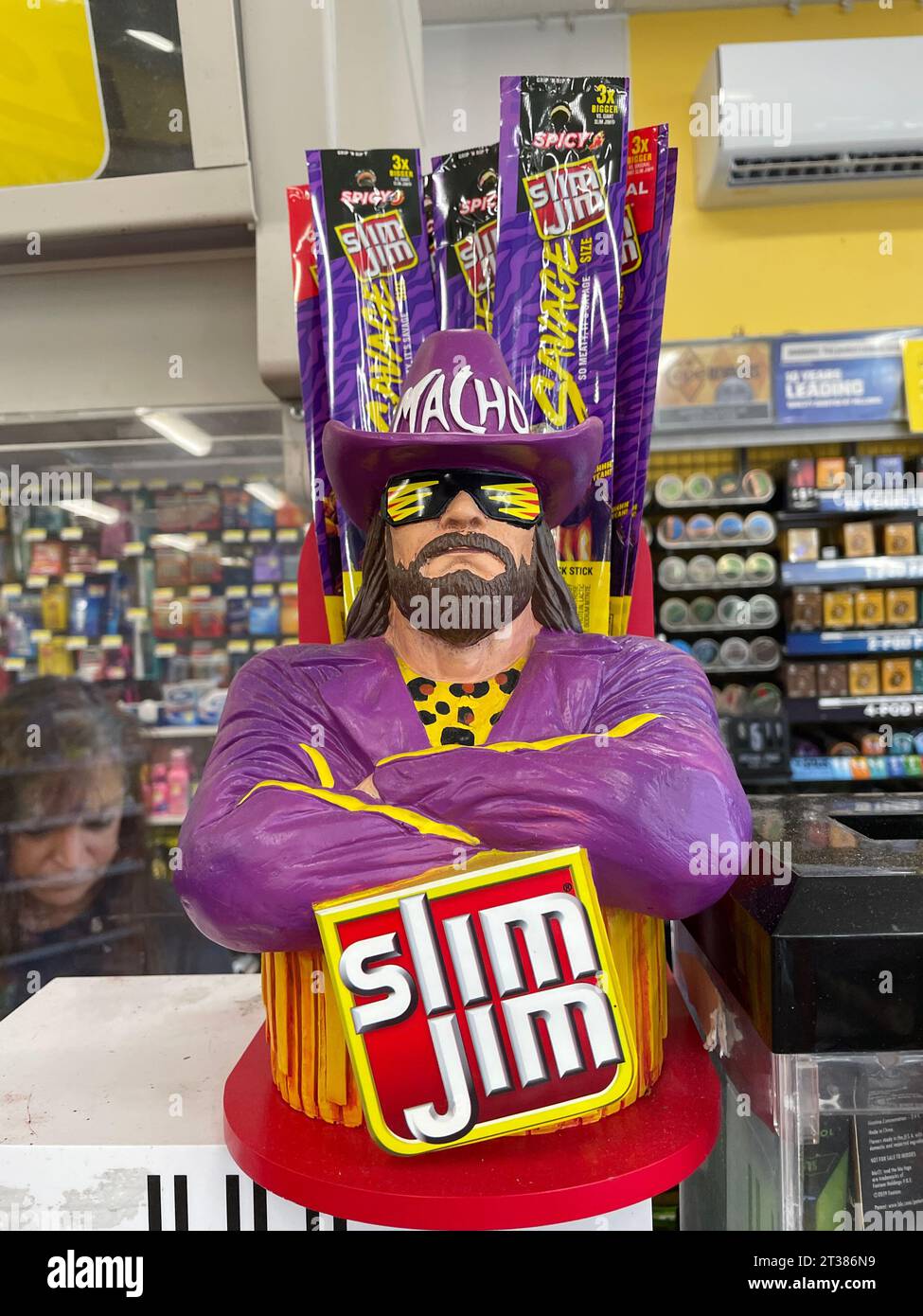 Grovetown, Ga USA - 08 06 23: Gas Pro convenience store Randy Macho man savage Slim Jim display Stock Photo