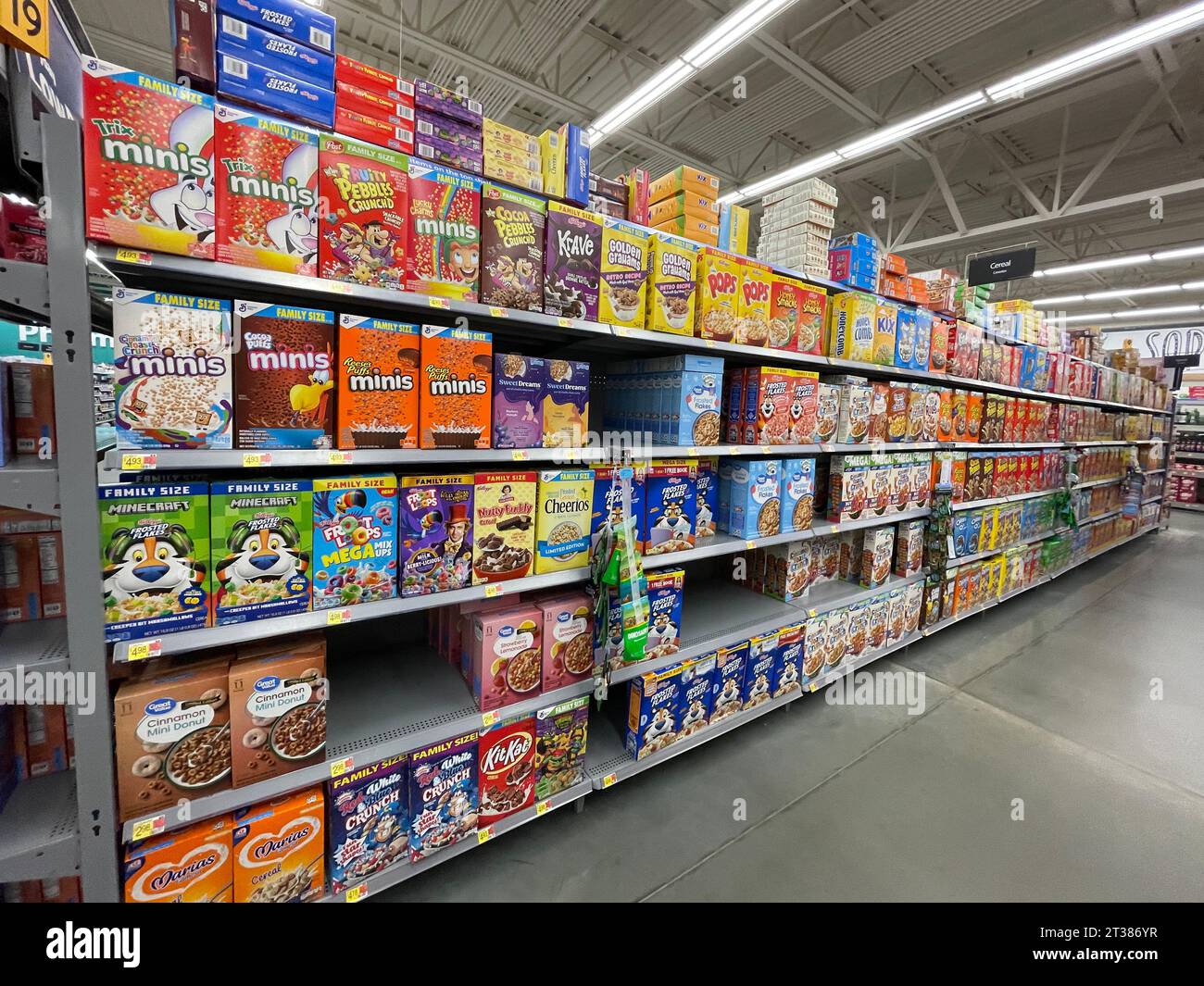 Grovetown, Ga USA - 08 06 23: Walmart grocery store cereal aisle side view Stock Photo