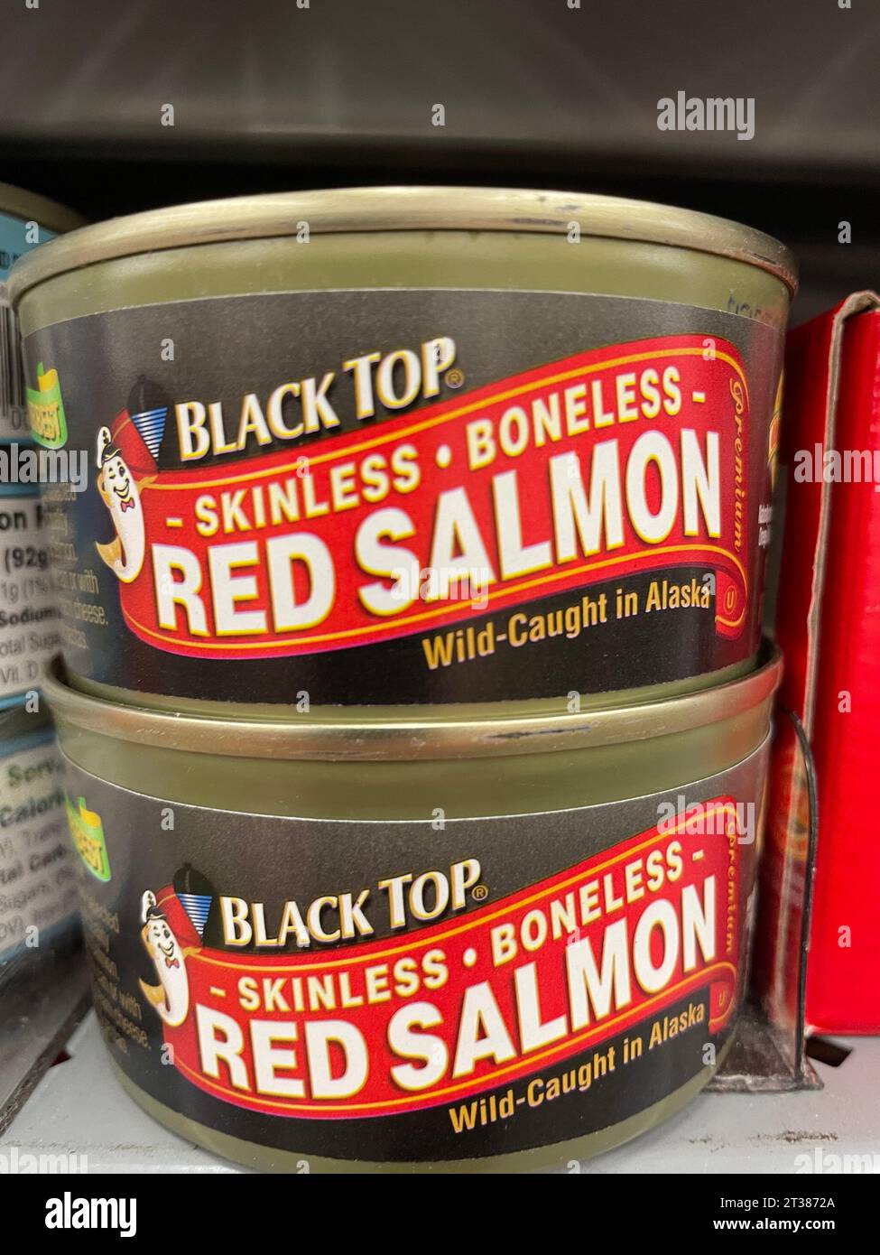 Grovetown, Ga USA - 08 06 23: Walmart grocery store Black Top canned salmon Stock Photo