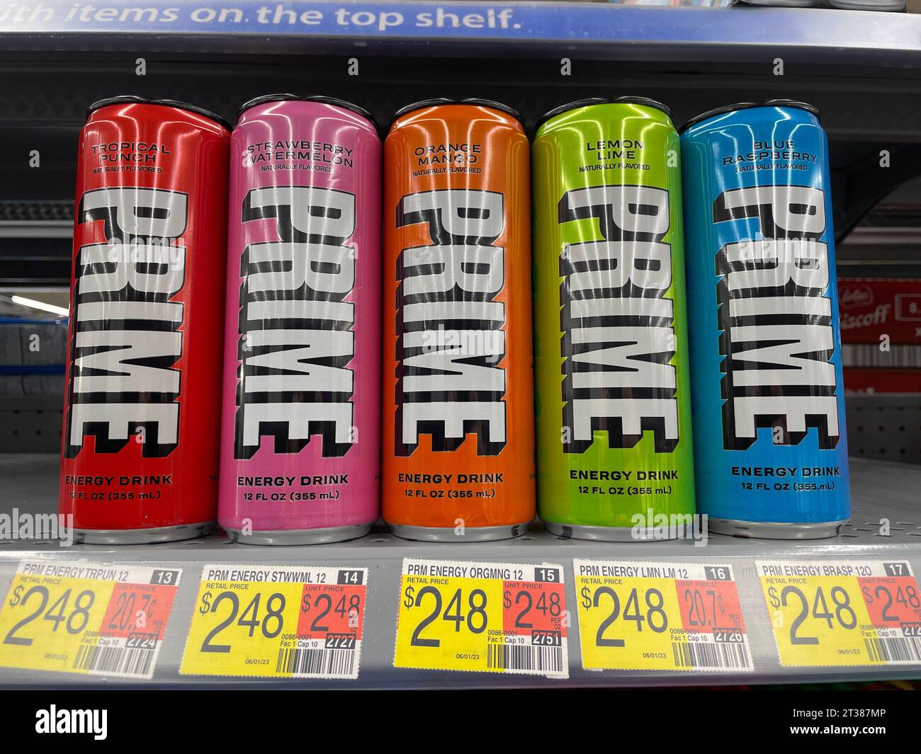 Grovetown, Ga USA - 08 06 23: Walmart grocery store Prime energy drink variety and price Stock Photo