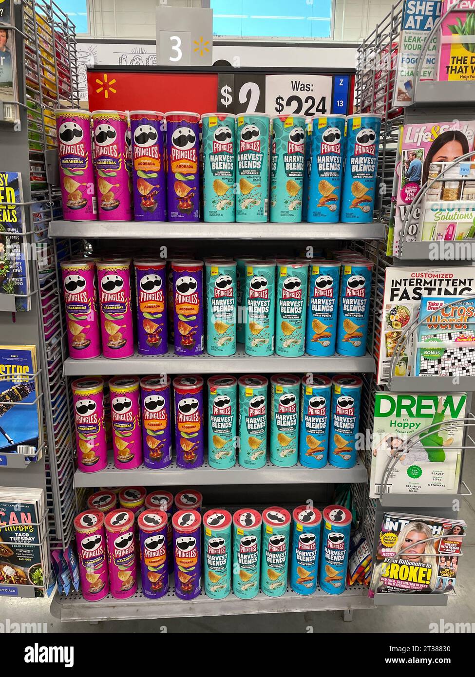 Grovetown, Ga USA - 08 06 23: Walmart grocery store Pringles chips new item display Stock Photo