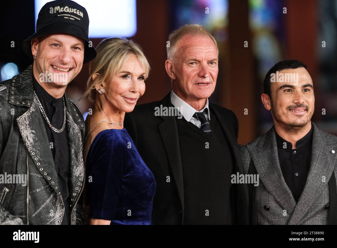 Rome, Italy. 23rd Oct, 2023. (L to R) Clementino, Trudie Styler, Sting and Francesco Di Leva attend the red carpet for “Posso entrare? An ode to Naples” during the 18th Rome Film Festival at Auditorium Parco Della Musica in Rome. Credit: SOPA Images Limited/Alamy Live News Stock Photo