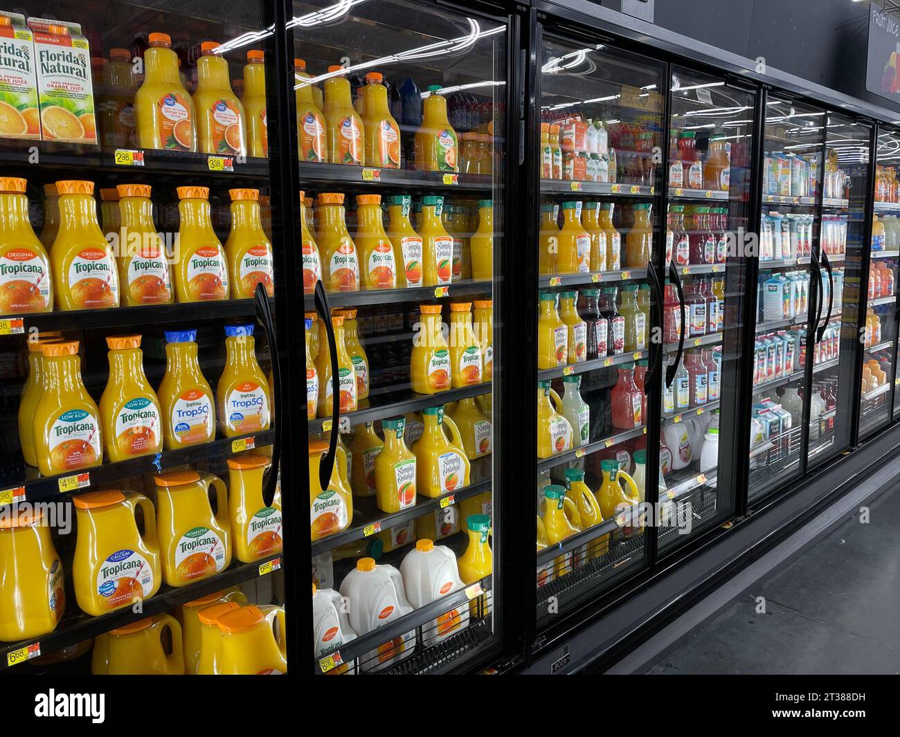 Grovetown, Ga USA - 08 06 23: Walmart grocery store Tropicana orange juice section Stock Photo
